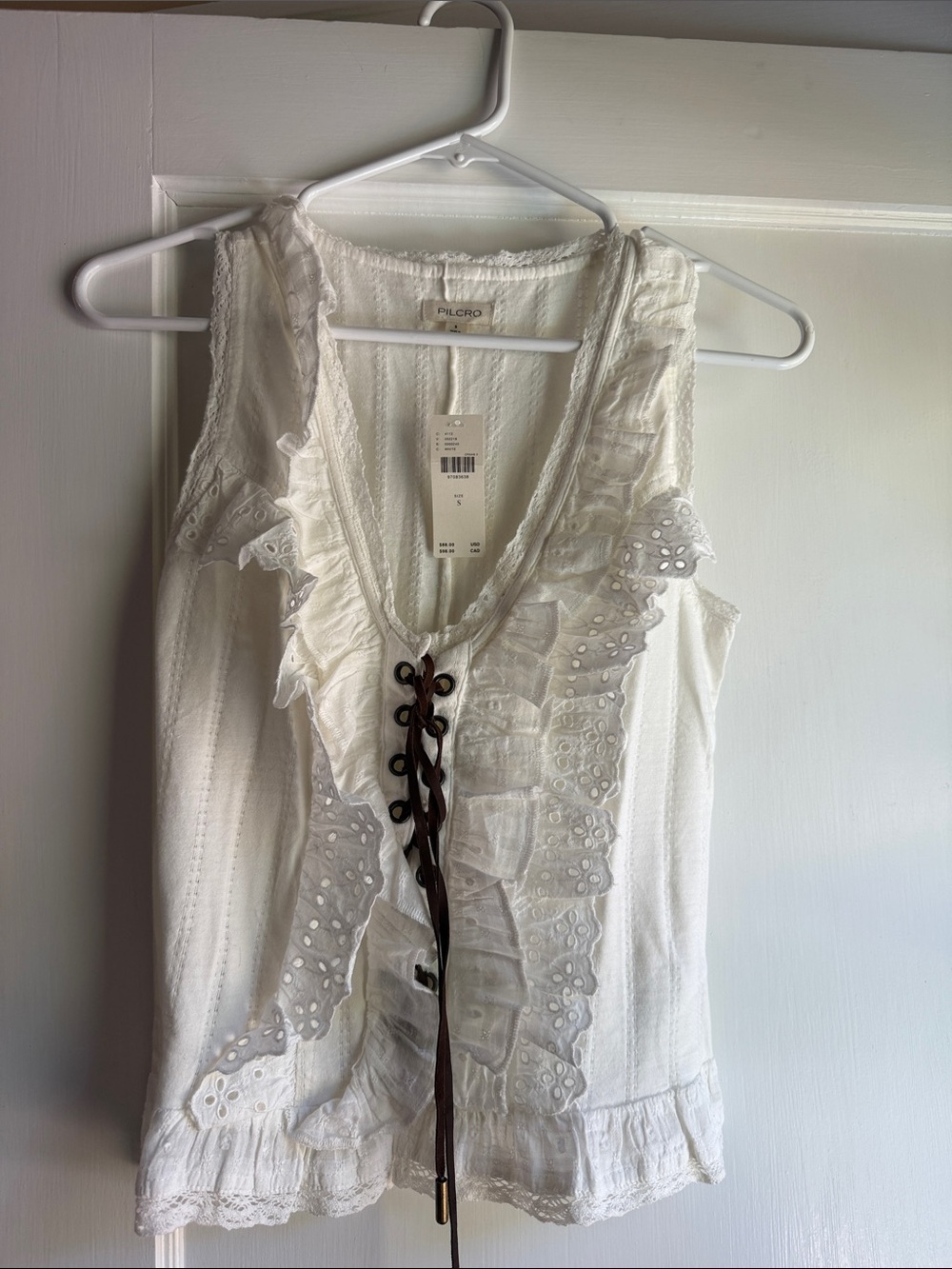 Pilcro White Eyelet Ruffle Lace-Up Sleeveless Camisole